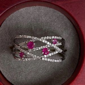 14k white gold ring with diamonds and rubies
